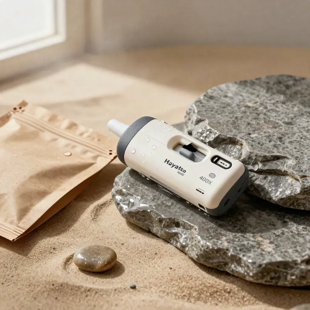 Unbranded disposable vape on wet stone with torn pouch, pebble, mist and droplets.
