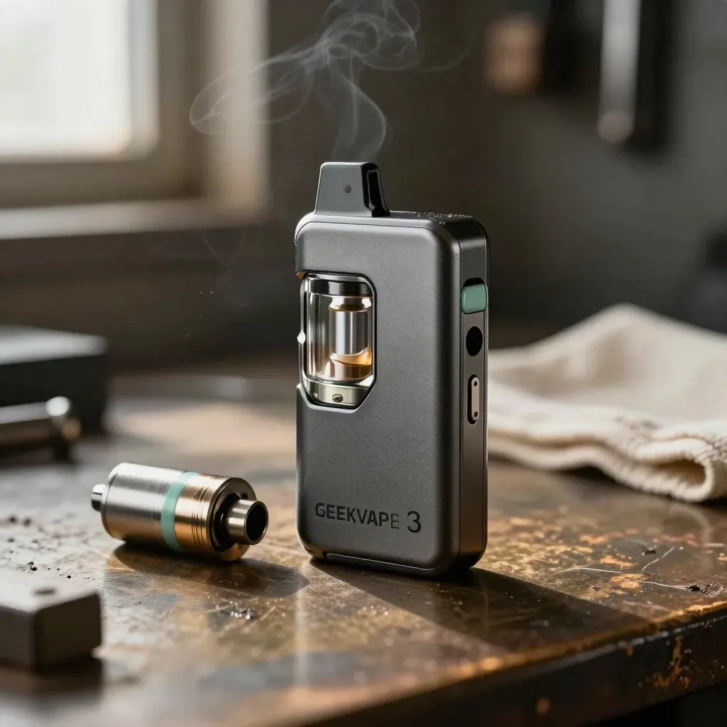 Rugged vape mod hero with tank and coil on a workshop bench, steam drifting behind.