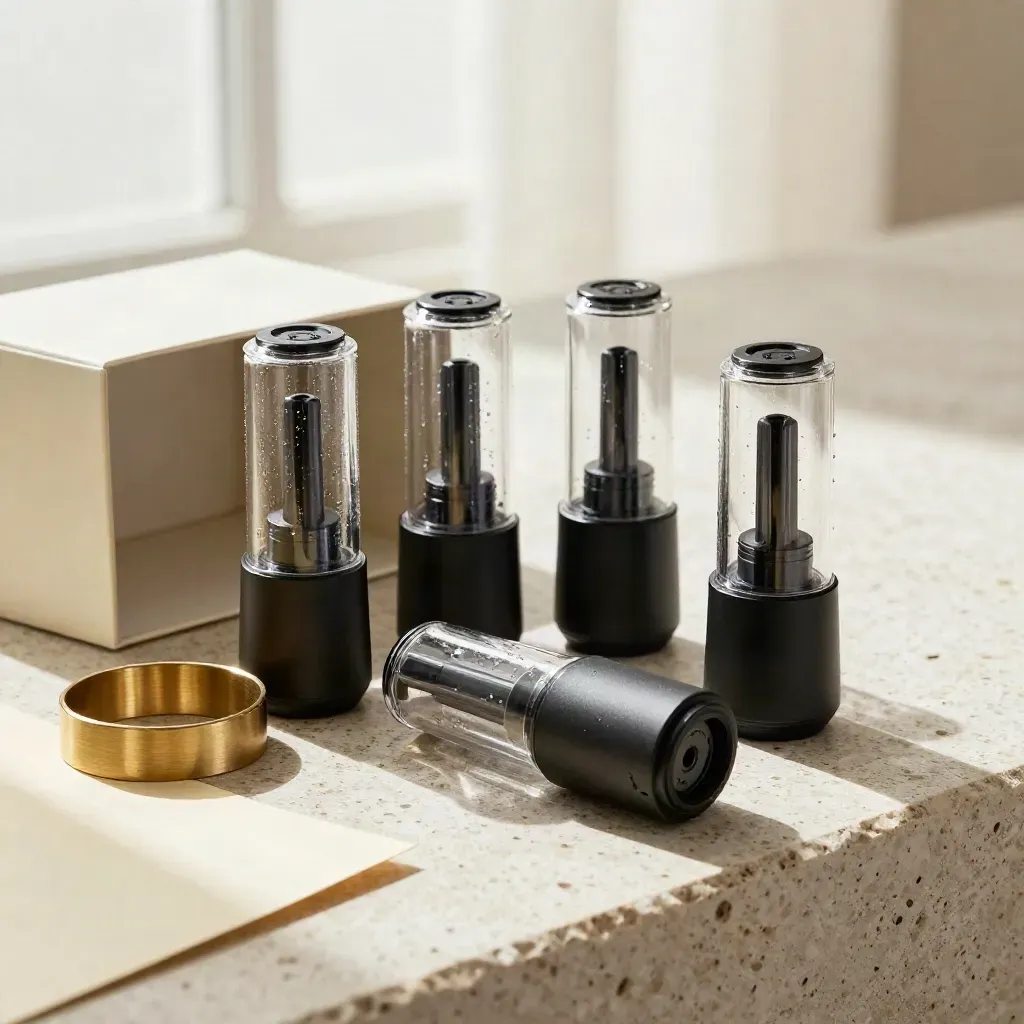 Four clear vape pods with black bases on travertine, softly lit in a premium studio hero shot.
