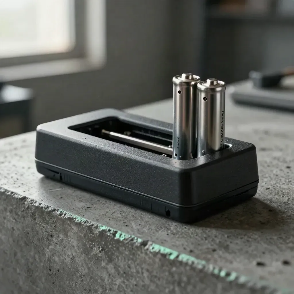 Matte dual-slot charger with two batteries on graphite concrete, lit softly from one side.